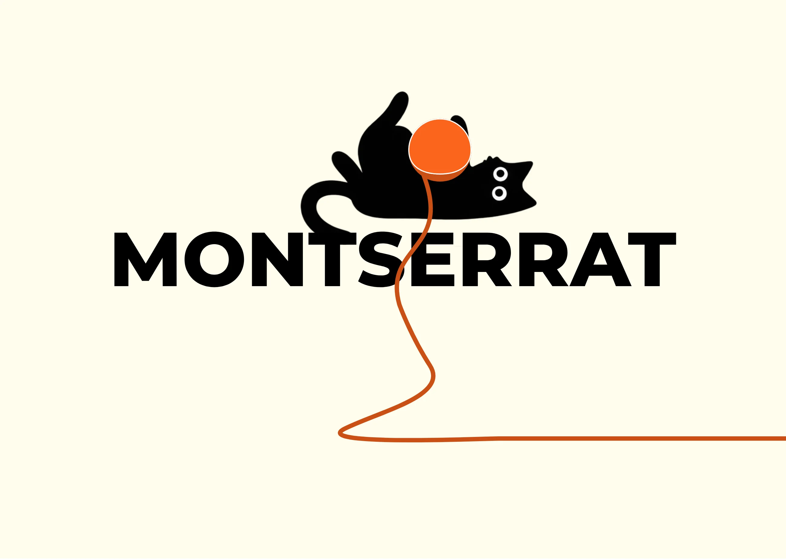 Montserrat — чёрный кот играет с оранжевым клубком над надписью MONTSERRAT